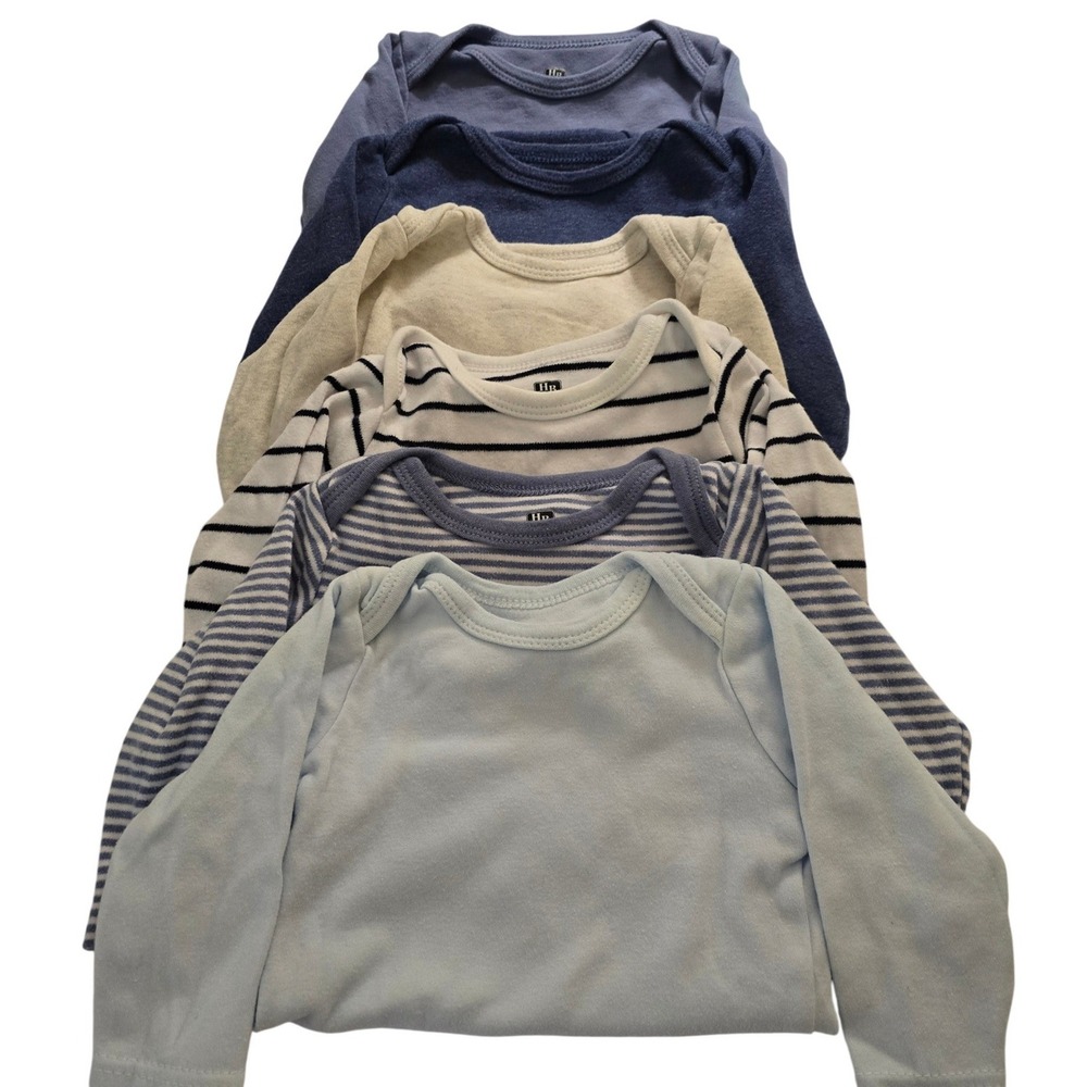 HB Baby Boys Long Sleeve Bodysuits 6 Pack Blue Navy Stripe Cream Set 6-9 Month